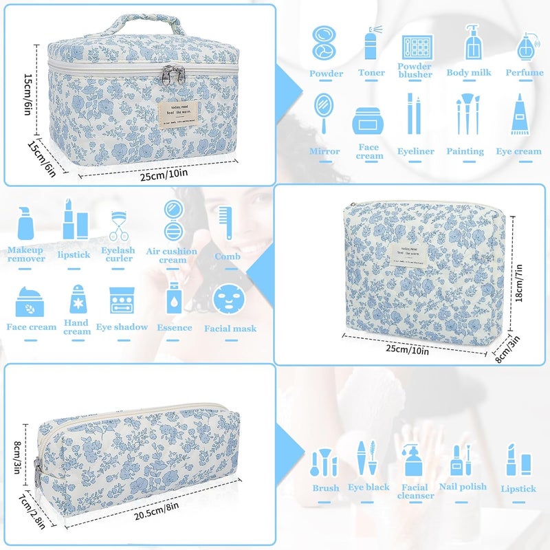 Gosect Makeup Bag, Large Quilted Cosmetic Bag, Big Floral Make Up Bag for Women Girls, Cute Cotton Makeup Bag Set, Flower Travel Toiletry Organizer Bag (Blue Flower) - Image 2